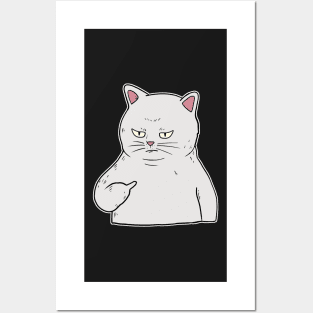 Grumpy white Cat Holding Middle Finger Posters and Art